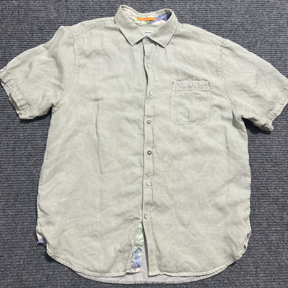 Tommy Bahama Shirt Mens Large Green Button Up Hawaiian Linen Blend Floral Trim